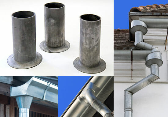 Lead gutter outlets provide a corrosion resistant connection between the gutters and downspout
